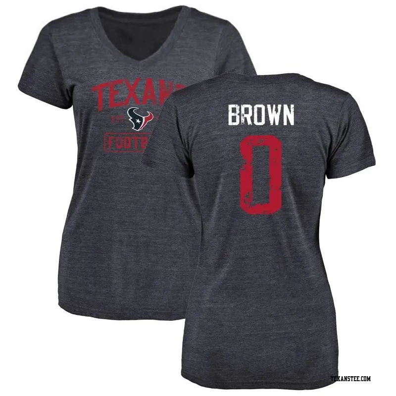Women's Houston Texans ＃0 Trent Brown Brown Navy Distressed Trent Name & Number V-Neck T-Shirt