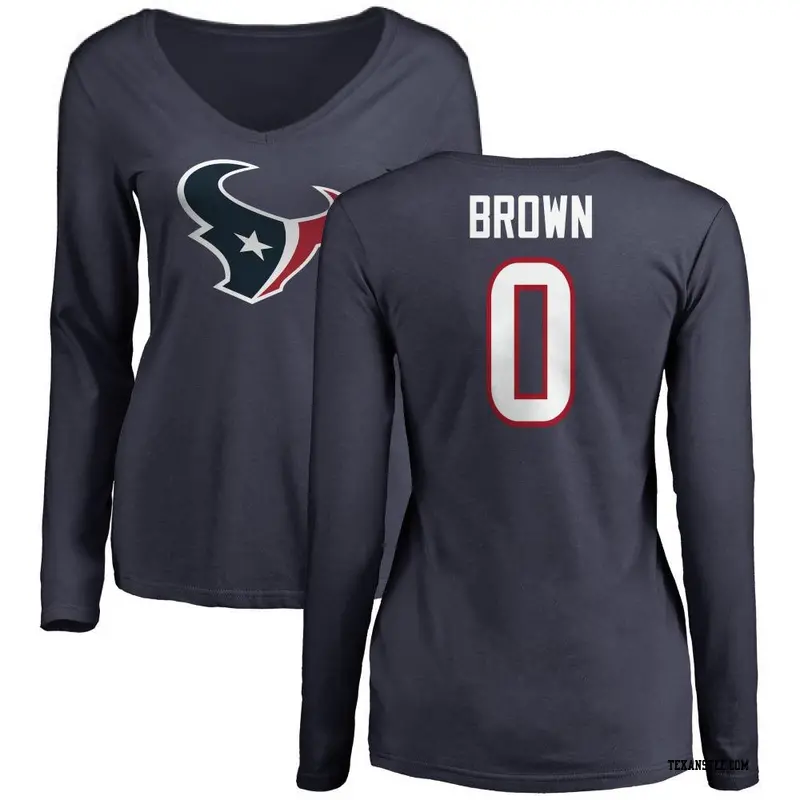 Women's Houston Texans ＃0 Trent Brown Brown Trent Name & Number Logo Slim Fit Long Sleeve T-Shirt Navy