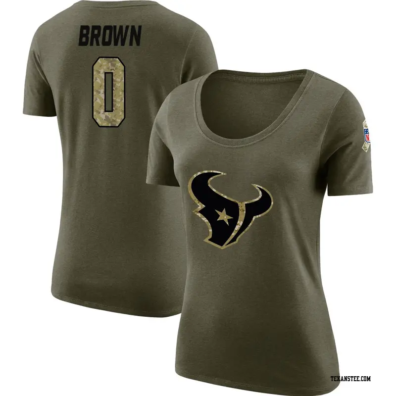 Women's Houston Texans ＃0 Trent Brown Brown Trent Salute to Service Olive Scoop Neck T-Shirt