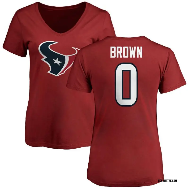 Women's Houston Texans ＃0 Trent Brown Red Name & Number Logo Slim Fit T-Shirt